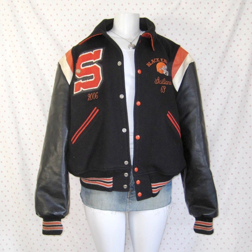 vintage y2k black orange varsity letterman jacket — S